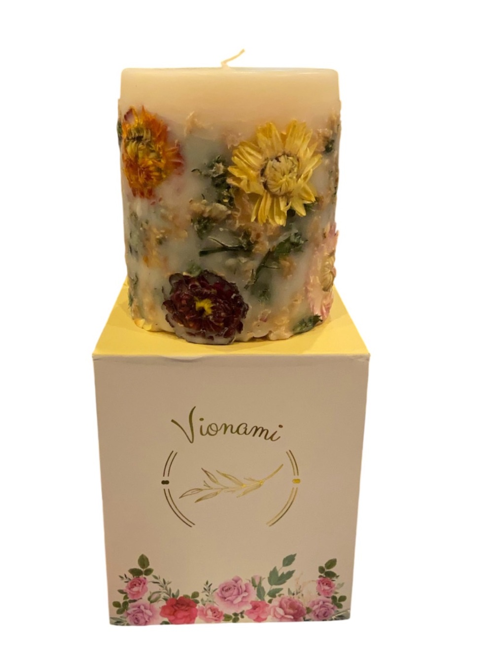 Vionami NIB Luxury Handmade Botanic Pillar Candle Natural Flowers 4” Botanical